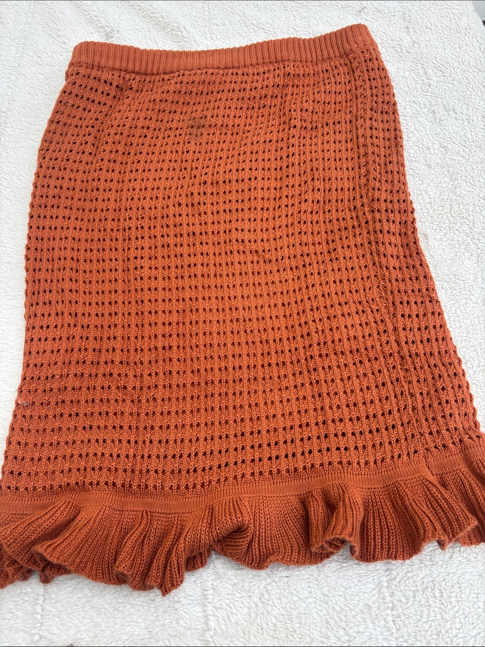 Open-Knit Rust Midi Skirt with Ruffle Hem - Picture 8 of 8